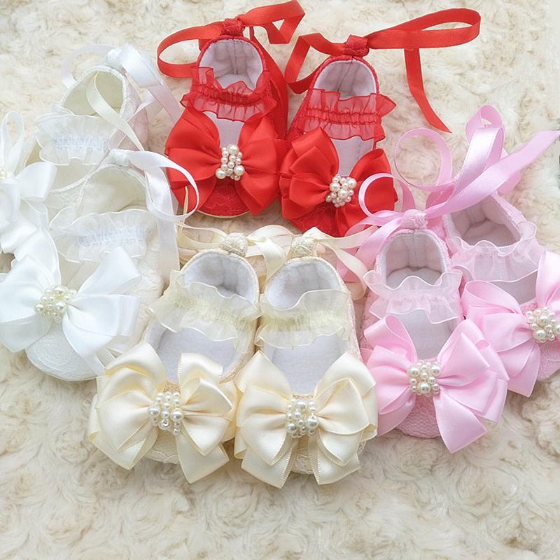 

First Walkers Custom Handmade Princess Baby Girl 100 Days Sewing Soft Soled Bowknot Pearls Bow Lovely Lace Up Satin Walker