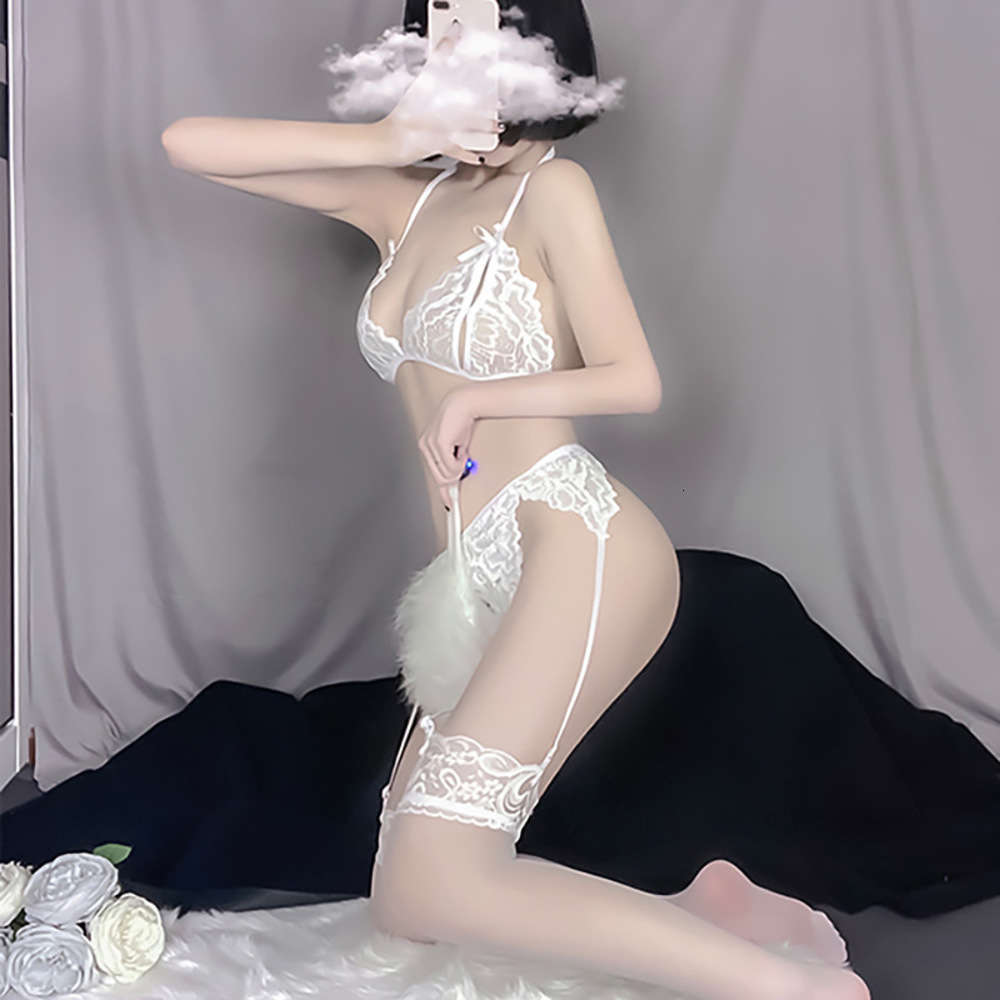 

underwear three point allure deep V hollow lace perspective bra Sexy GARTER suit, Black;white