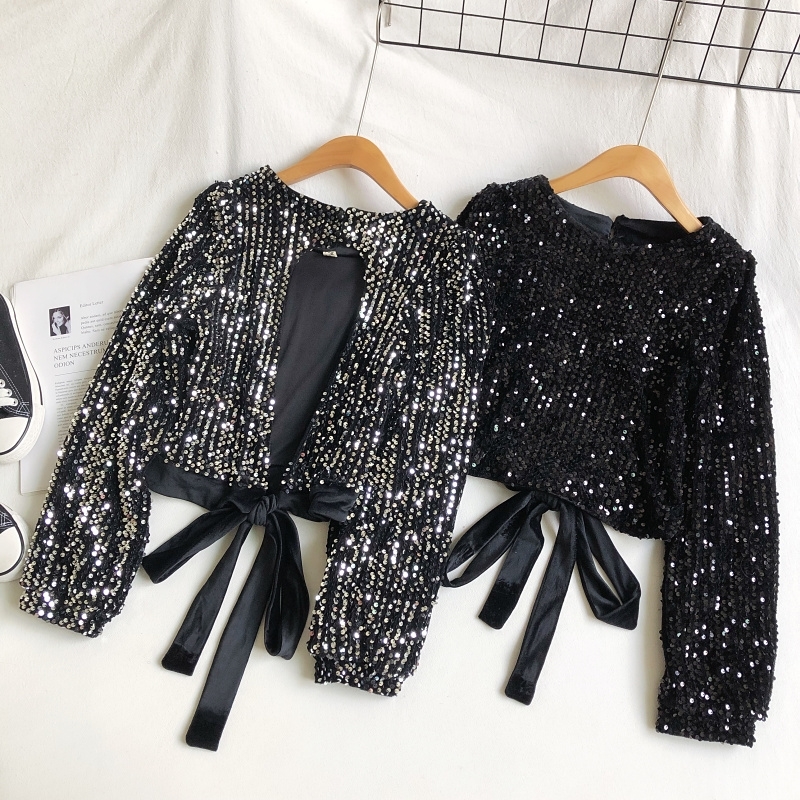 Gagarich Women Chic Blouses Korean New Shinny Sequins O Neck Long Sleeve Tops Ladies Sexy Bow Lace Up Backless Short Shirts 210317