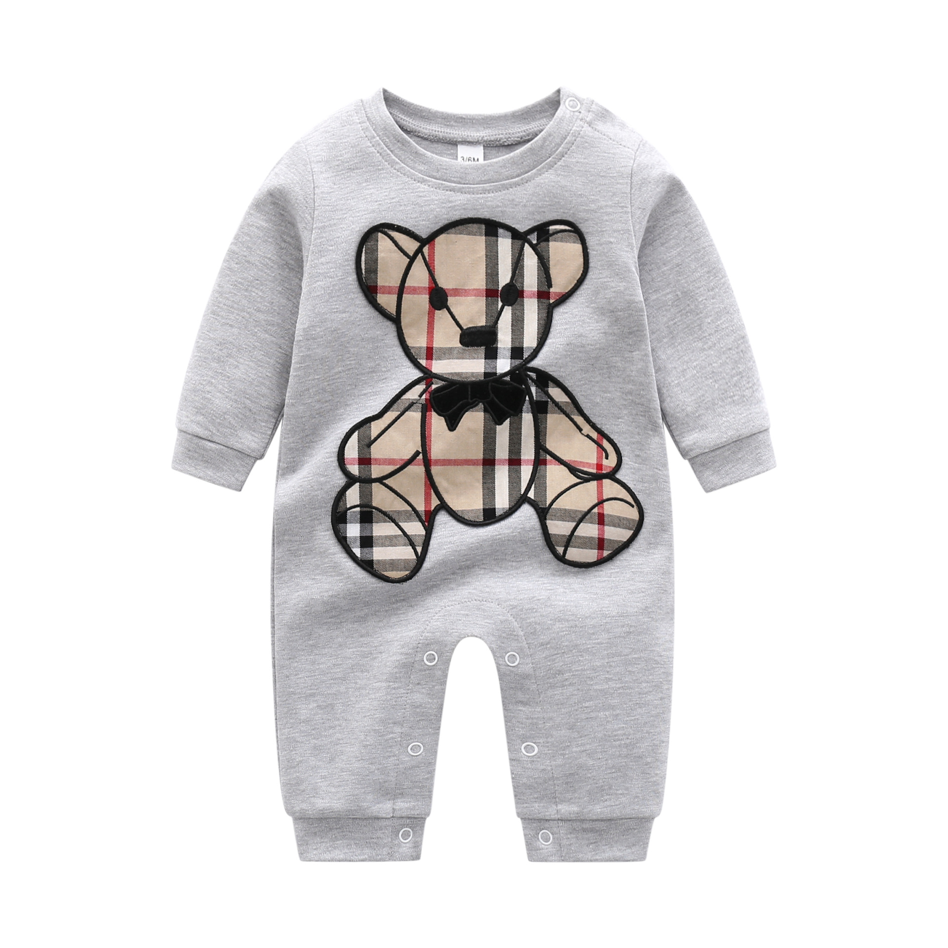 

Baby Rompers Brand Style Newborn Baby Clothes Plaid Striped Cotton Embroidery Cartoon Bear Toddler Boy Girl Romper 0-24 Months, Gray