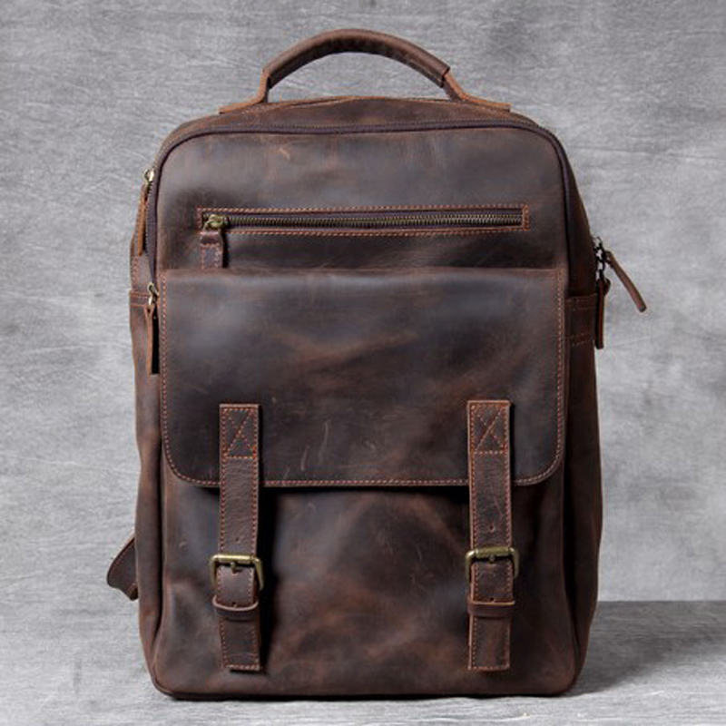 

New Crazy Horse LeatherBackpack Men Shoulder Bag Laptop Backpack Male Schoolbag Travel Bag Handmade First Layer Cowhide, Khaki