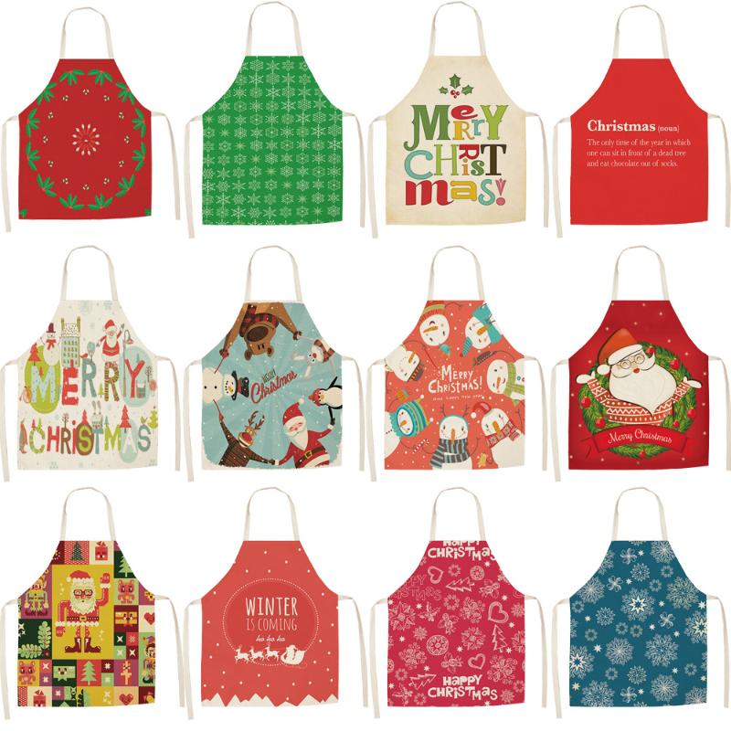 

Christmas Cartoon Cotton Linen Santa Apron Home Cooking Baking Coffee Shop Cleaning Aprons Kitchen Accessories 68*55cm