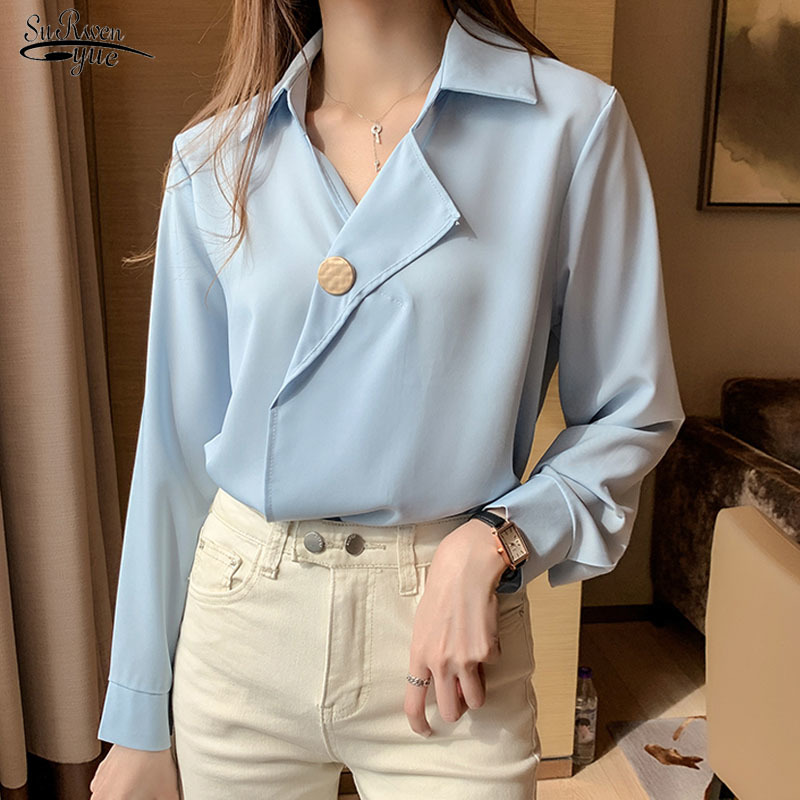 

Autumn Super Fairy Office Lady Shirt Long Sleeve V-neck Chiffon Blouse Women White Tops and Blouses Chemisier Femme 10684 210521, Blue