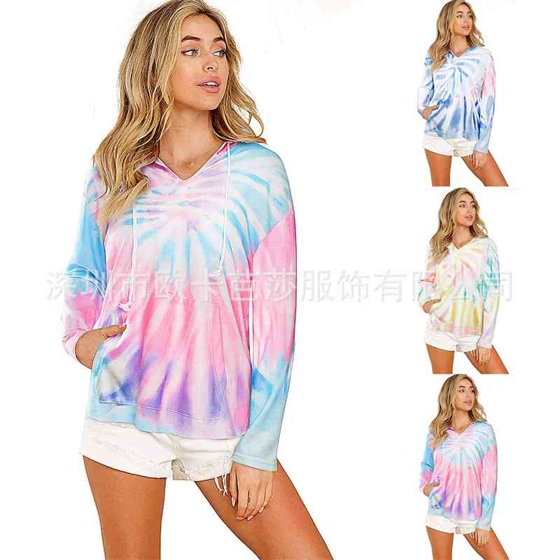 

Autumn and winter 2021 new hooded sweater women' tie dye printing casual loose long sleeve top, Pink