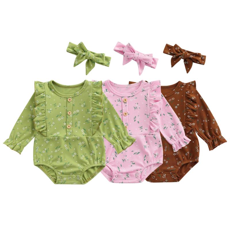 

Jumpsuits Born Floral Outfits Baby Girls Ribbed Long Sleeve Round Neck Ruffle Bodysuit + Bow Headband Sets 2 Pcs, Blue