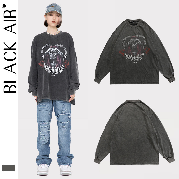 

Blackair autumn and winter long sleeve Street men's wear dark foam printing old love elements for men women T, Wash black