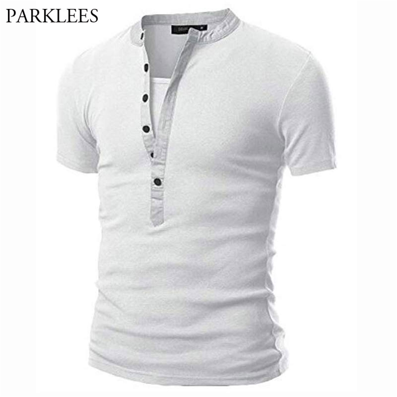 

White Henley T Shirt Men Summer Mens V Neck Short Sleeve Tee Homme Casual Slim Fit Button Design T-shirts XXL 210706, B0440 black