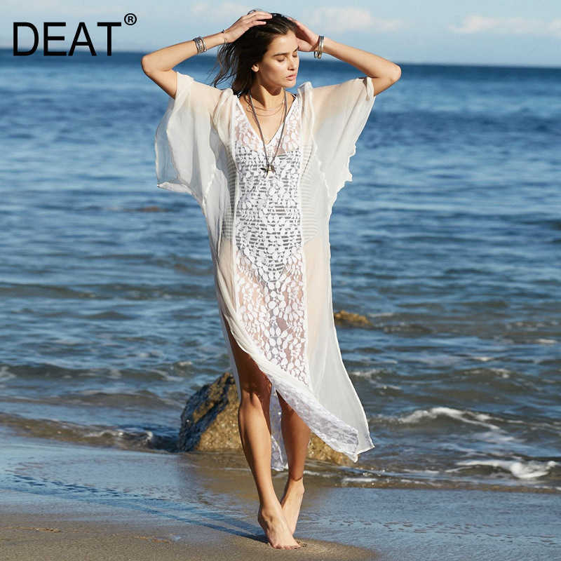 

[DEAT] Summer Fashion V-neck Ankle-length Lace Half Sleeve Printing Loose Bohemian Sandy Beach Chiffon Dress 13C658 210527, White