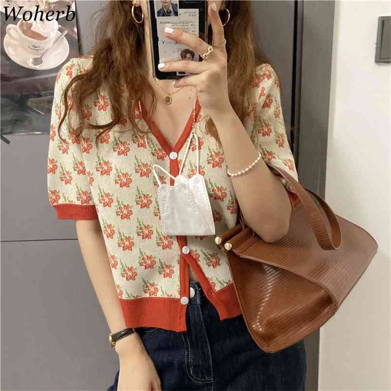 

Korean Vintage Knitted Cardigan Knitwear Women Short Sleeve Floral Print Sweater Elegant Fashion Ladies Jumpers 210519, Orange
