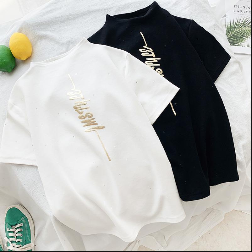 

harajuku white womens black female t shirt summer turtleneck all match tee femme korean letter print elasticity slim women