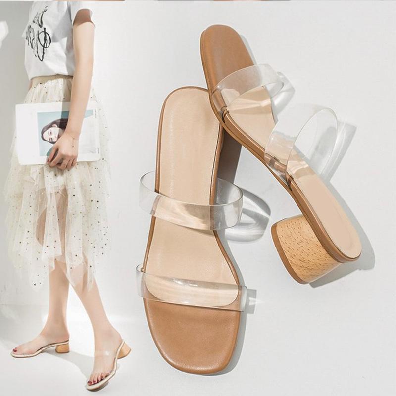 

Thick Square Low Heels Shoes Woman PVC Clear Strappy Sandals Ladies Flip Flops Women Transparent Slippers Fashion Mules Slides, White