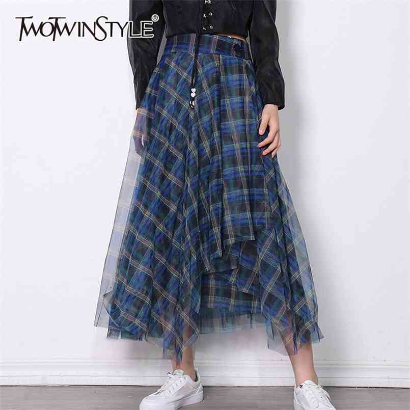 

Elegant Plaid Skirt For Women High Waist Midi Hit Color Patchwork Skirts Females Fashion Summer Clothing Style 210521, Blue