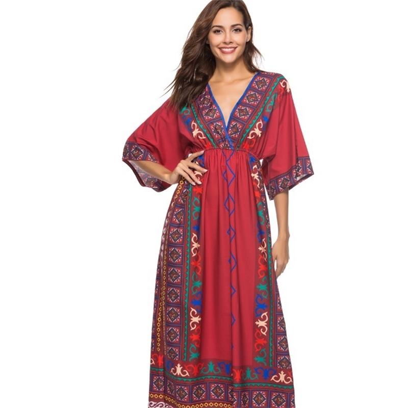 

2021 waist up print dress Maldives seaside 5-sleeve beach skirt, Red