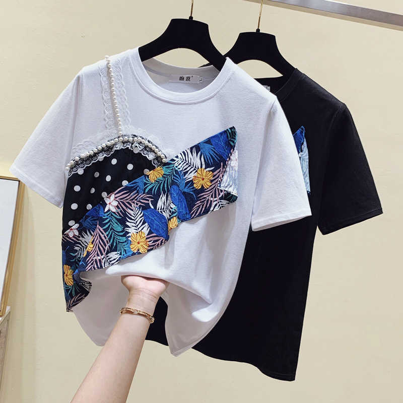 

White T Shirt Women Cotton O-Neck Beading Basic Clothing Ladies Tops Short Sleeve Summer Tee Shirt Femme Black 210604