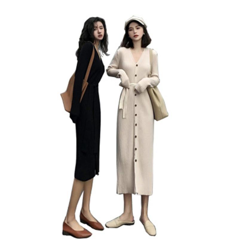 

Casual Dresses Winter Women Dress 2022 Solid V-neck Autumn Knitting Accept Waist Temperament Female Long Sweater, Black;gray