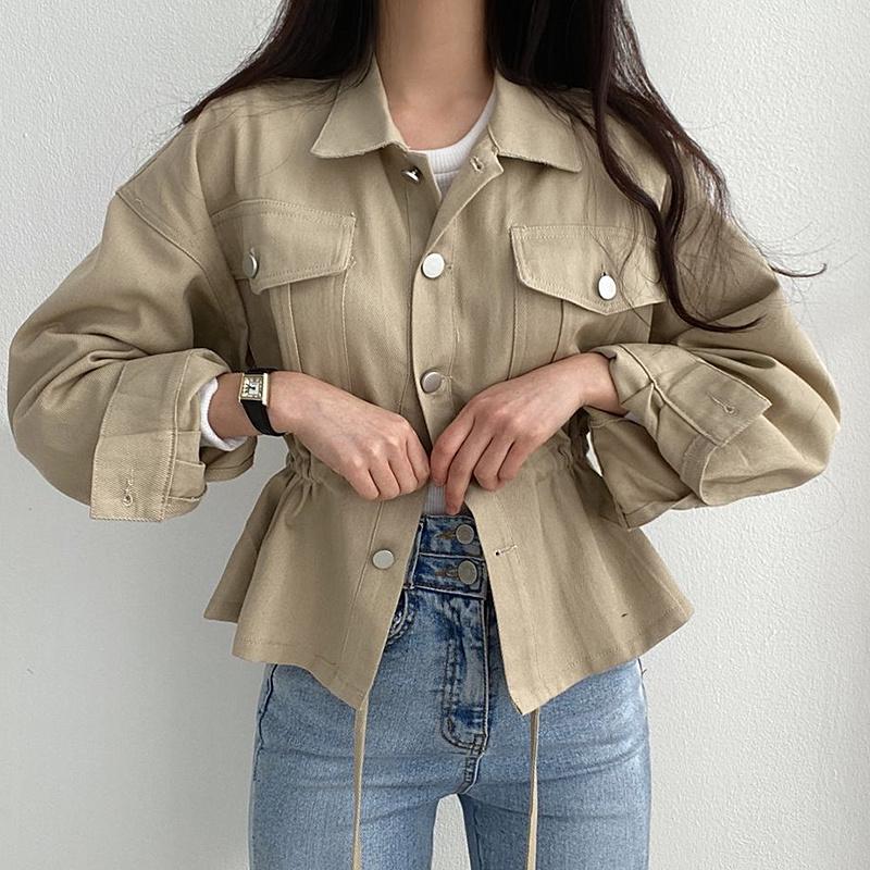 

Women's Jackets [EWQ] Korea Chic Autumn Khaki Lapel Single Breasted Drawstring Waist Closed Leisure Double Fashion Short Coat Female 2021 6E, Black;brown