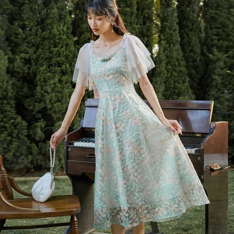 

French Summer Women Vintage Elegant Floral Embroidery Mesh Dress Ladies Sweet Slim Party Woman Clothing 210526, Photo color