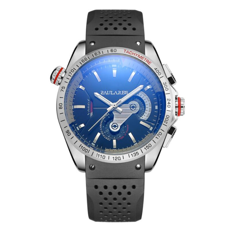 

Casual sport mens watches mechanical automatic clock subdial work chronograph watch silicone watchband lifestyle waterproof pilot male wrist, Slivery;brown