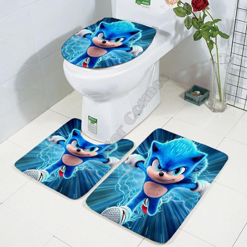 

Sonic Funny Cartoon Three-piece Set 3D Printed Bathroom Pedestal Rug Lid Toilet Cover Bath Mat Drop 07 Seat Covers