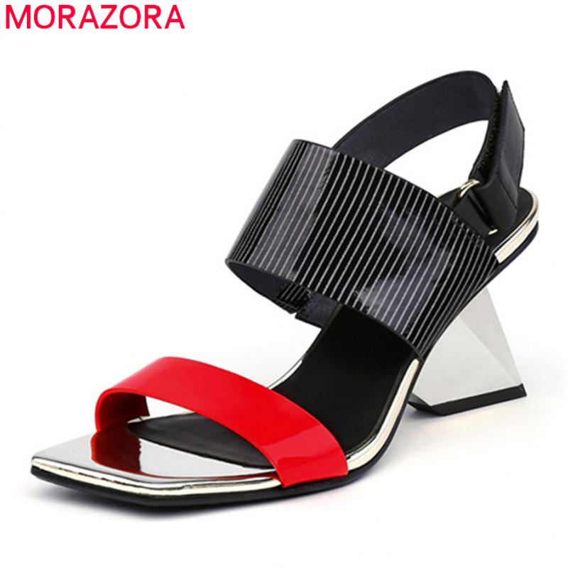 

Sandals MORAZORA Brand Fashion Women Square Toe Calssic High Heels Ladies Shoes Genuine Leather Summer, Black