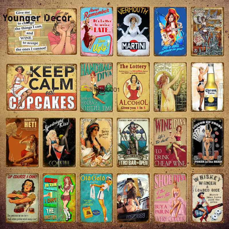 

Pin Up Girls With Beer Whiskey Coffee Metal Signs For Pub Bar Cafe Party Home Casino Decor Martini Vintage Wall Poster YI-098