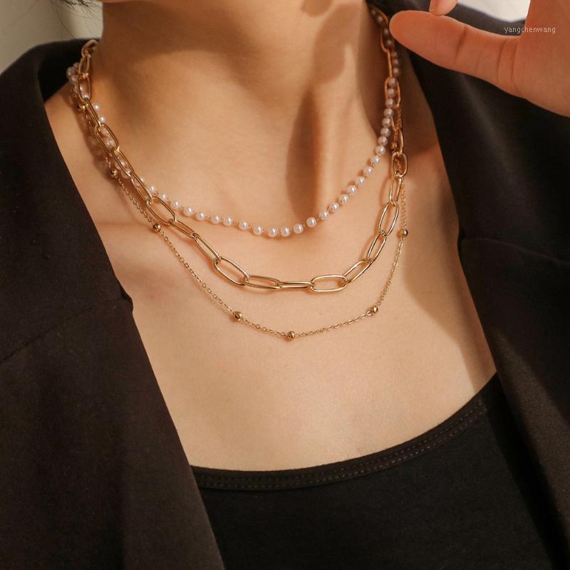 

Gold Color Multilayer O Link Chains Choker Necklace Pearl Collier Ins Layering Jewelry Accessories Bohemia Mom Gift