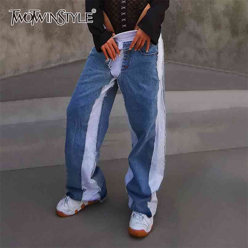 

Patchwork Tassel Jeans For Women High Waist Pocket Streetwear Casual Wide Leg Pants Female Autumn Style 210521, As picture