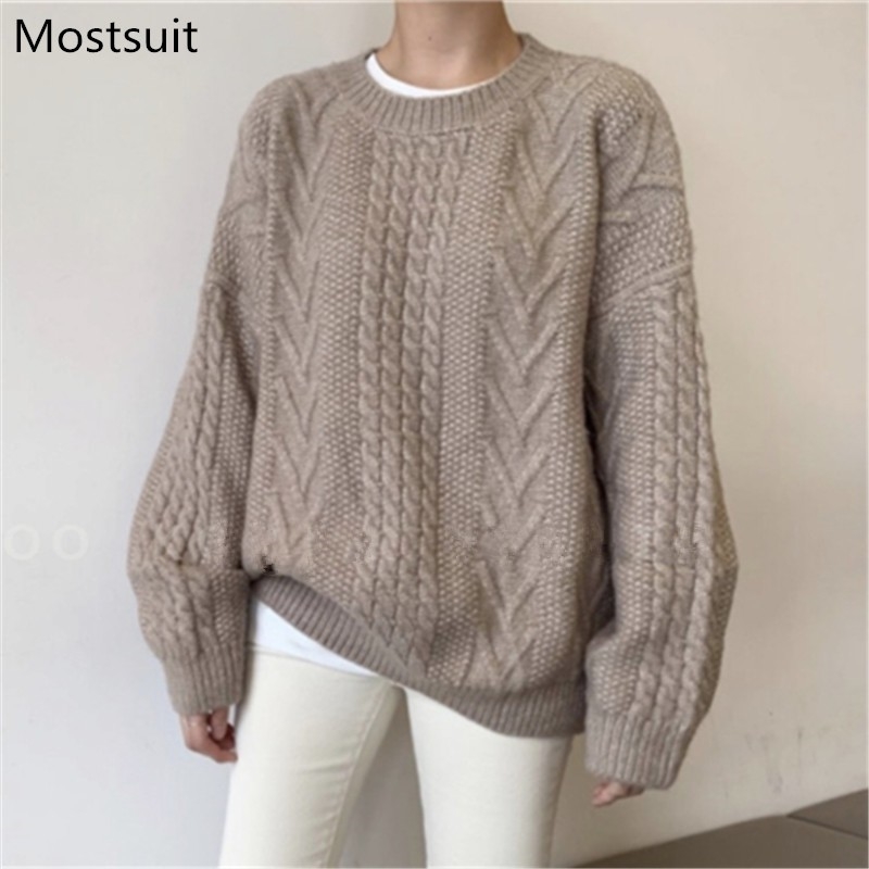 

Korean Twisted Knitted Sweaters Pullovers Women Winter Long Sleeve O-neck Loose Warm Fashion Ladies Tops Jumpers Femme 210518, Khaki