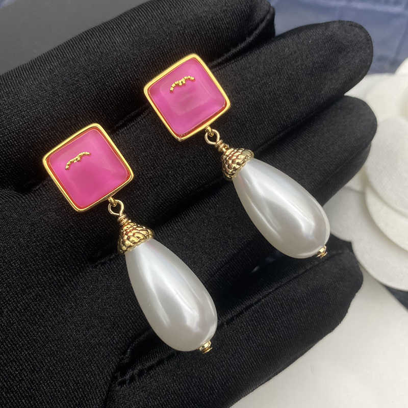 

New Designer Earrings Classic Double Letter Logo Pink Resin Pearl Pendant 925 Silver Needle With Box, Golden;silver
