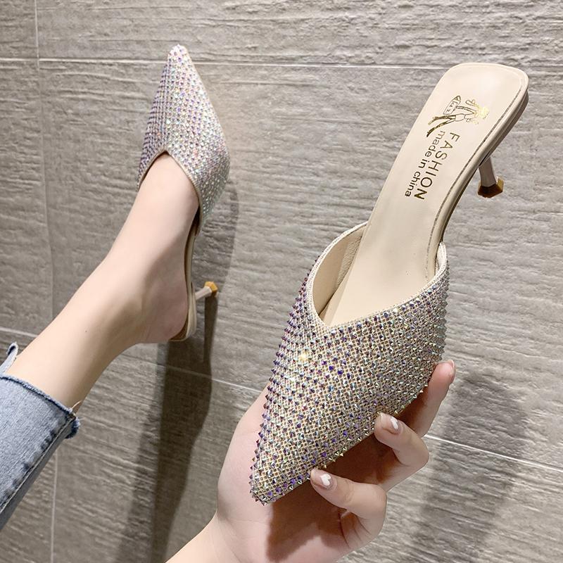 

Slippers 2021 Pointed Toe Shoes Thin Heels Mules For Women Med Casual Shallow Slides Silver Luxury High Soft Cover PU Fashion, Beige