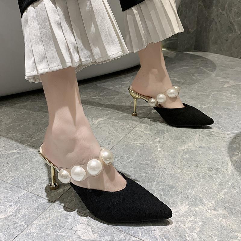 

Slippers Spring Woen's Pointed Toe String Bead Thin Heel Female Sandals Solid Fashion Ladies Footwear Cover Head 2021, Bk