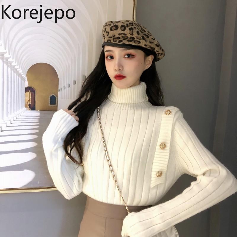 

Women's Sweaters Korejepo Women Sweater 2021 Autumn And Winter Korean Version High-neck Twist Button Decoration Thick Knitted Female, Black