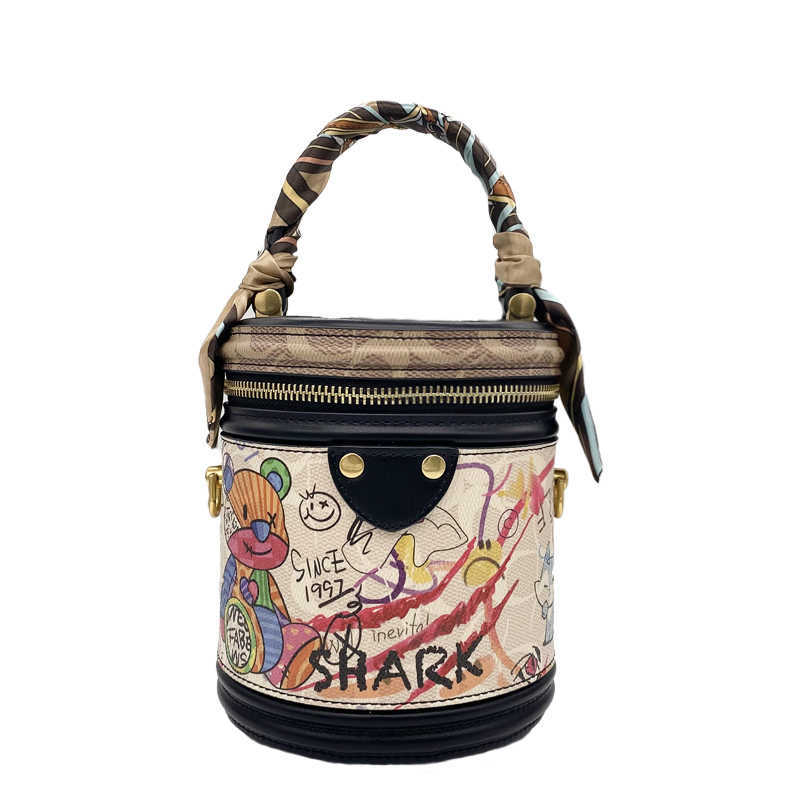

Bear Graffiti Bucket Bags New Round Minority Fashion Handbag Shoulder Crossbody Women's Small, White + vintage flower