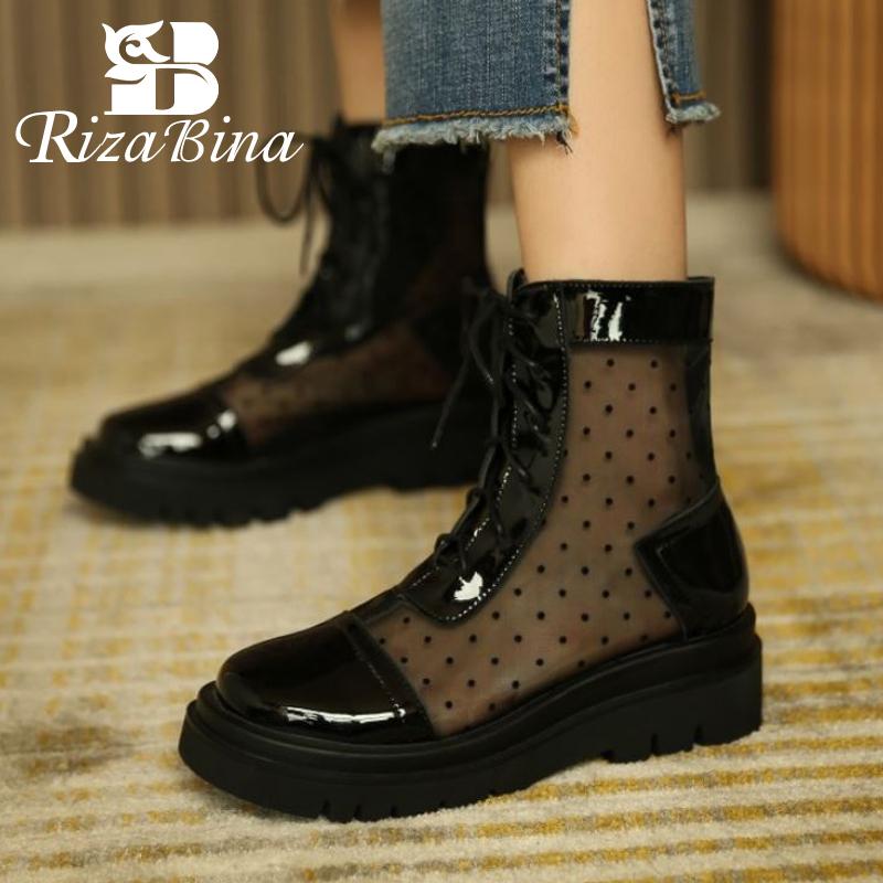

Boots RIZABINA 2021 Women Real Leather Summer Round Toe Cross Ctrap Dot Pattern Platform Shoes Female Footwear Size 34-43, Black