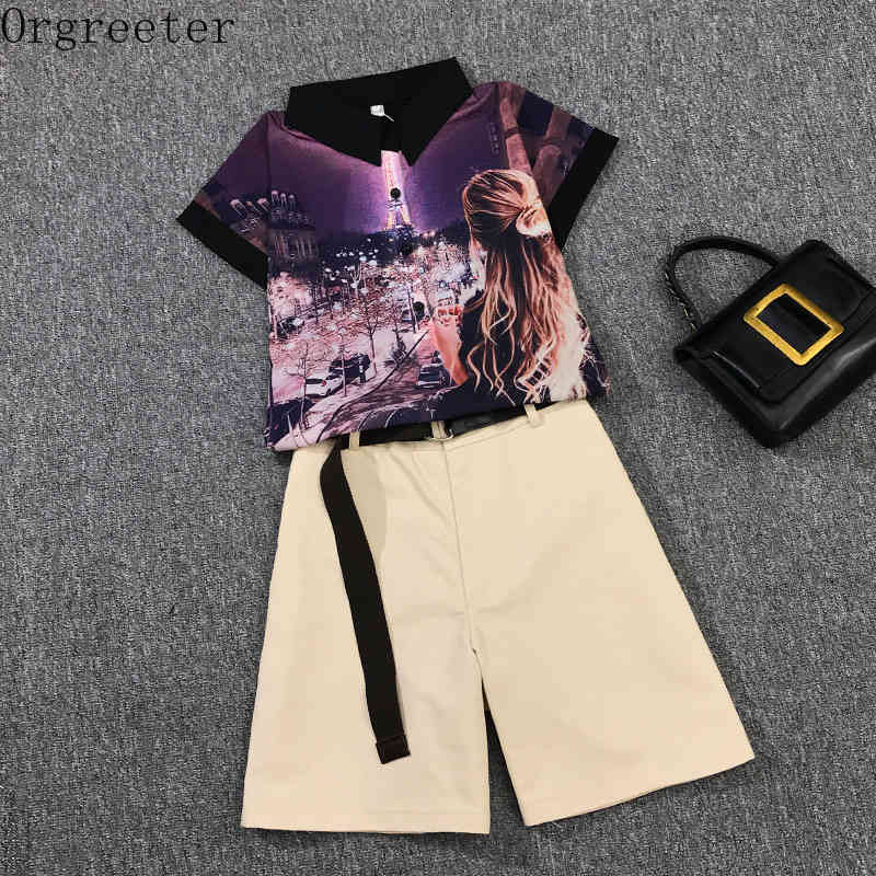 

Fashion Night scene Printing Shirt Two piece Set Summer Purple Single-breasted Chiffon Blouse Tops and Pants Suits 210525, Only shirt