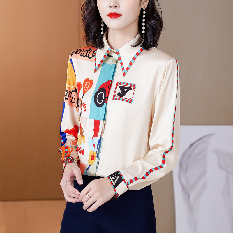 

2021 Fashion Designer Printed Silk Shirts Runway Women Long Sleeve Lapel Elegant Blouses Office Ladies Luxury Shirt Slim Spring Autumn Classic Button Tops Plus Size, Customize