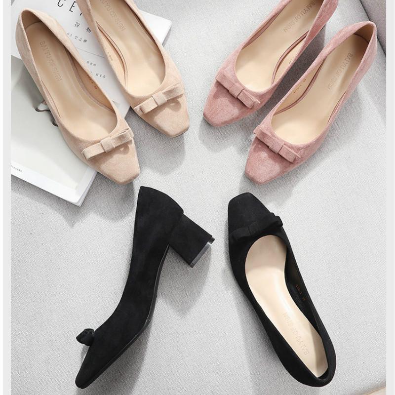 

Dress Shoes 2021 Women High Heels Woman Faux Suede Flock Square Toe Slip On Butterfly-knot Black Beige Pink Elegant Wedding Pumps
