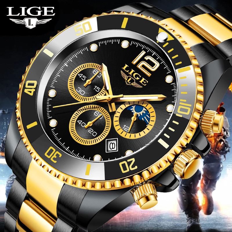 

LIGE Watches Mens Top Brand Luxury Clock Casual Stainless Steel 24Hour Moon Phase Men Watch Sport Waterproof Quartz Chronographg, Gold blue