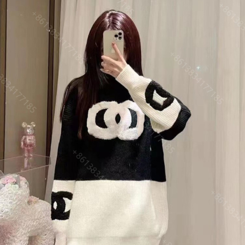 

Fashion Designer clothes wool sweater hoodie women black and white stitching collar pullover ladies logo brand autumn long sleeve girls tops casual sweaters