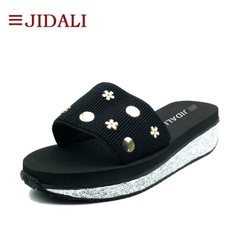 

Slippers JIDALI Fashion Women's Shoes Platform Wedges Elastic Sweet Flower Bling EVA Women Black Slide Sandals Size 35-39