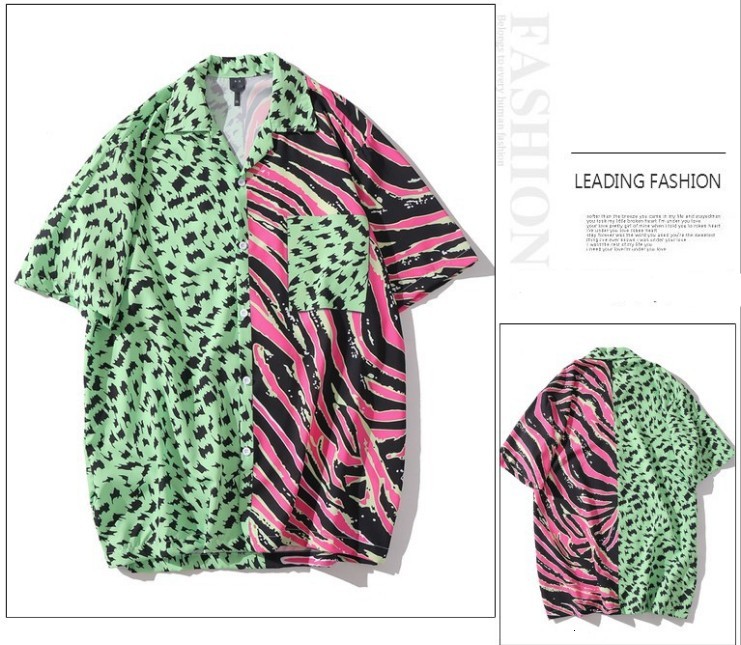 

Men's Casual Shirts Men Hawaiian Zebra Stripe Leopard Print Patchwork Hip Hop Streetwear Harajuku Beach Short Sleeve Summer C729, A07xq69
