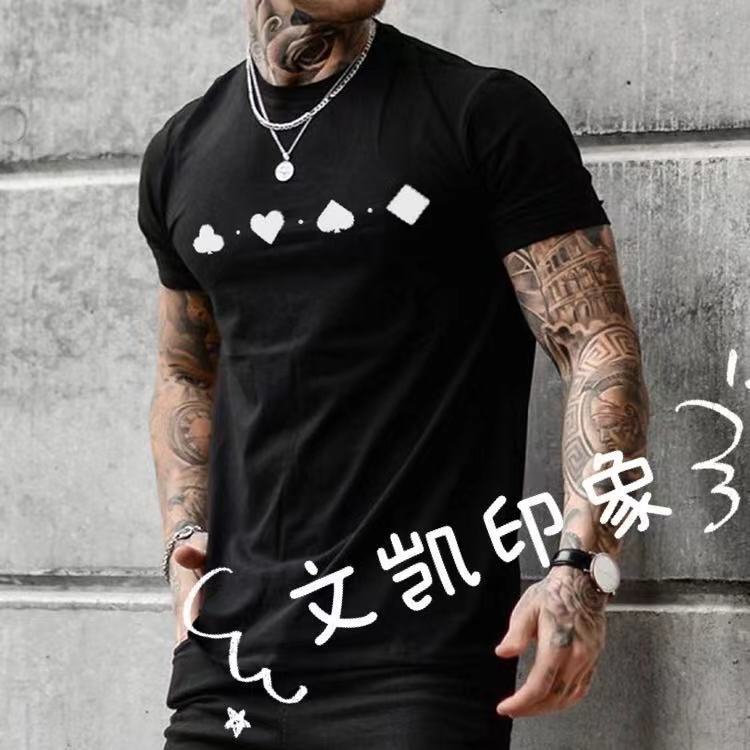 

t-shirt men's short sve new loose round neck short sve playing card printed black sports, White;black