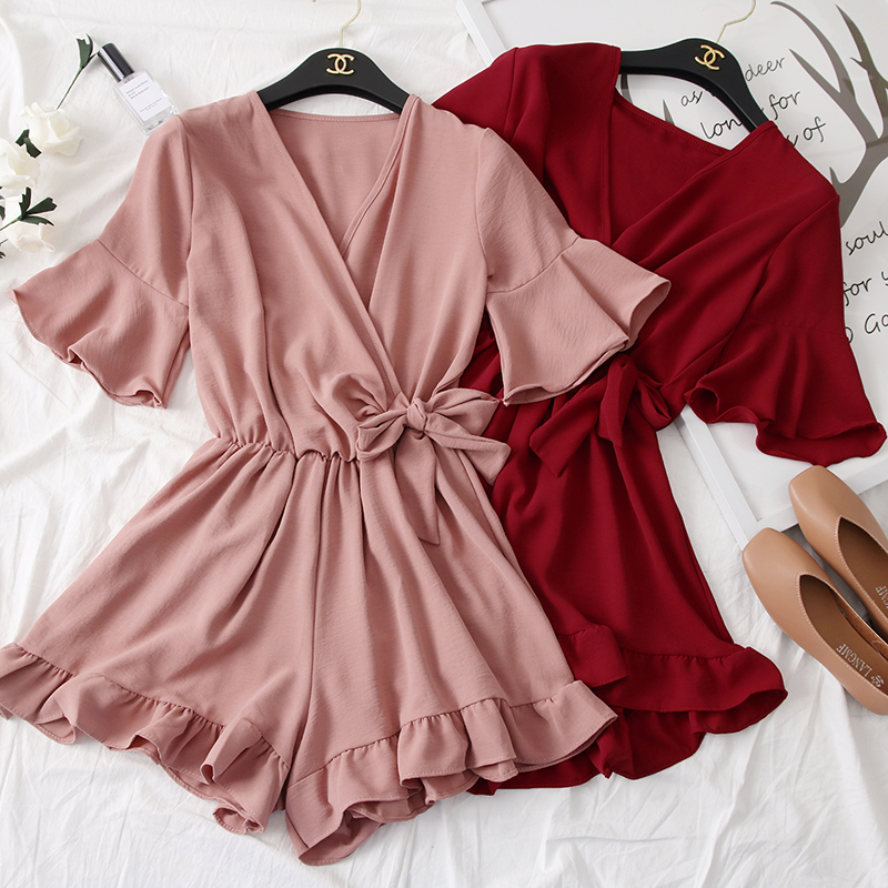 

Women Rompers casual wide leg pants overalls short sleeve v neck solid playsuits summer beach chiffon ruffle jumpsuits, Apricot