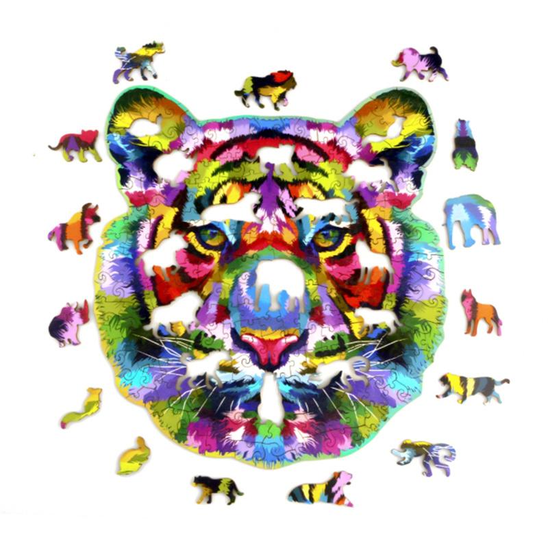 

Rainbow-tiger Wooden Puzzle Unique Shape Pieces Animal Gift For Adults And Kids Educational Board Games Cat Toys