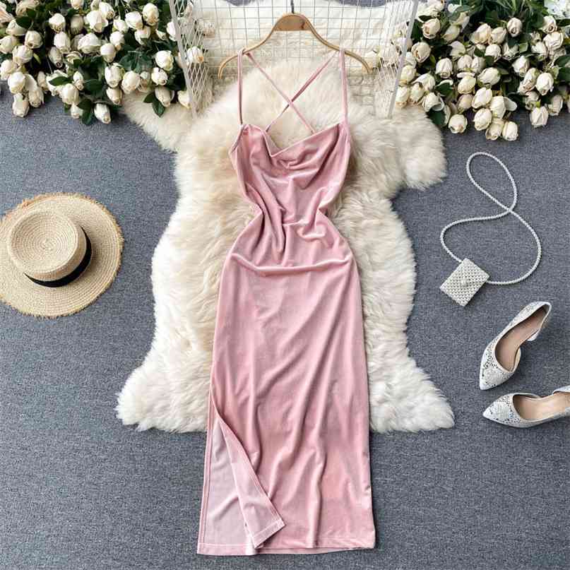 

Sexy Spaghetti Strap Velvet Dress Spring Women Pink Sleeveless Criss Cross Backless Slim Side Split Midi Club 210603