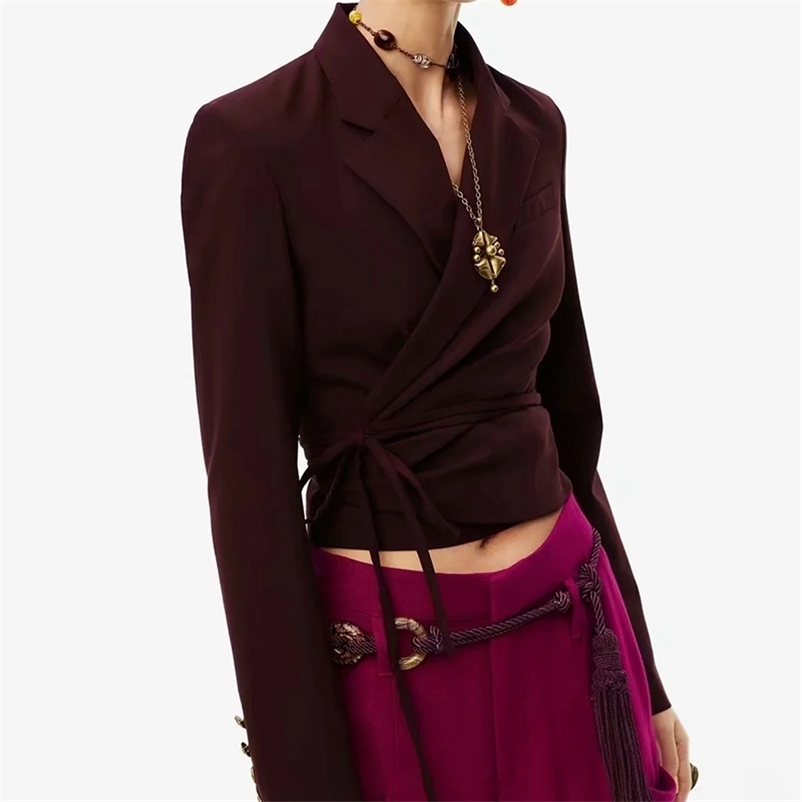 

Women short blazer coat Fashion long sleeve corss with belt style women Female outwear jacket 210524, Brown