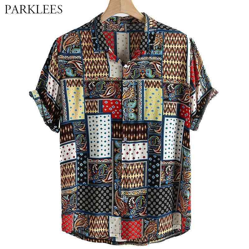 

Retro Paisley Floral Printed Mens Shirt Patchwork Ethnic Style Flower Print Summer Shirts for Men Casual Loose Men Clothing 210524, As picture show