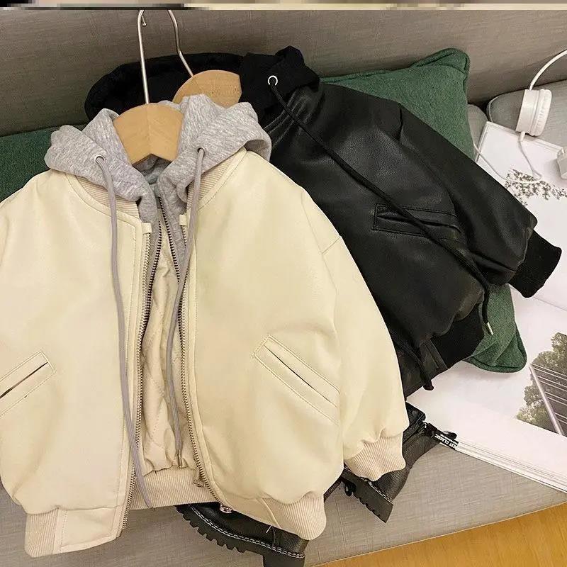 

Down Coat 2021 Winter Girls Boys Casual Thick Warm Pu Leather Hooded Baby Kids Children Jacket Outerwear, Blue;gray