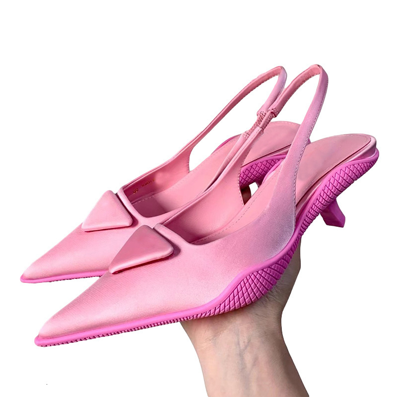 

Sandals Runway Kitten Heels Pumps Women Pointed Toe Real Leather Triangle Decor Slingbacks 2021 Spring Candy Color Party Shoes PJI, Blue