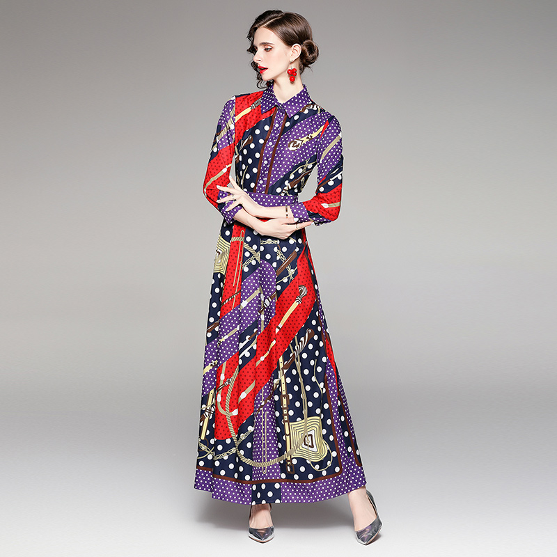 

2021 Runway Polka Dot Printed Dresses Casual Women Designer Lantern Sleeve Vintage Shirt Dress Sweet Girl Spring Autumn Winter Party Business Slim A-Line Maxi Frocks